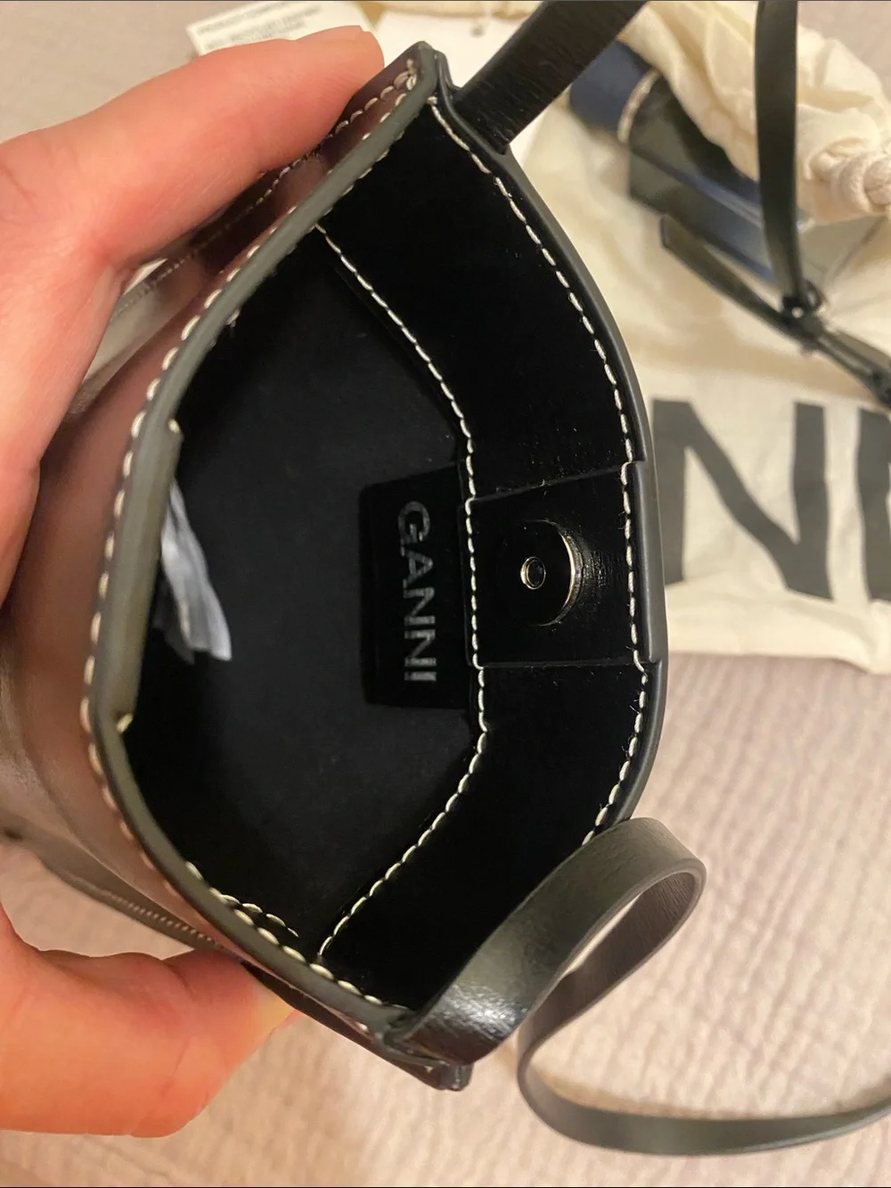 Ganni Black Embossed Leather Phone  Crossbody. New